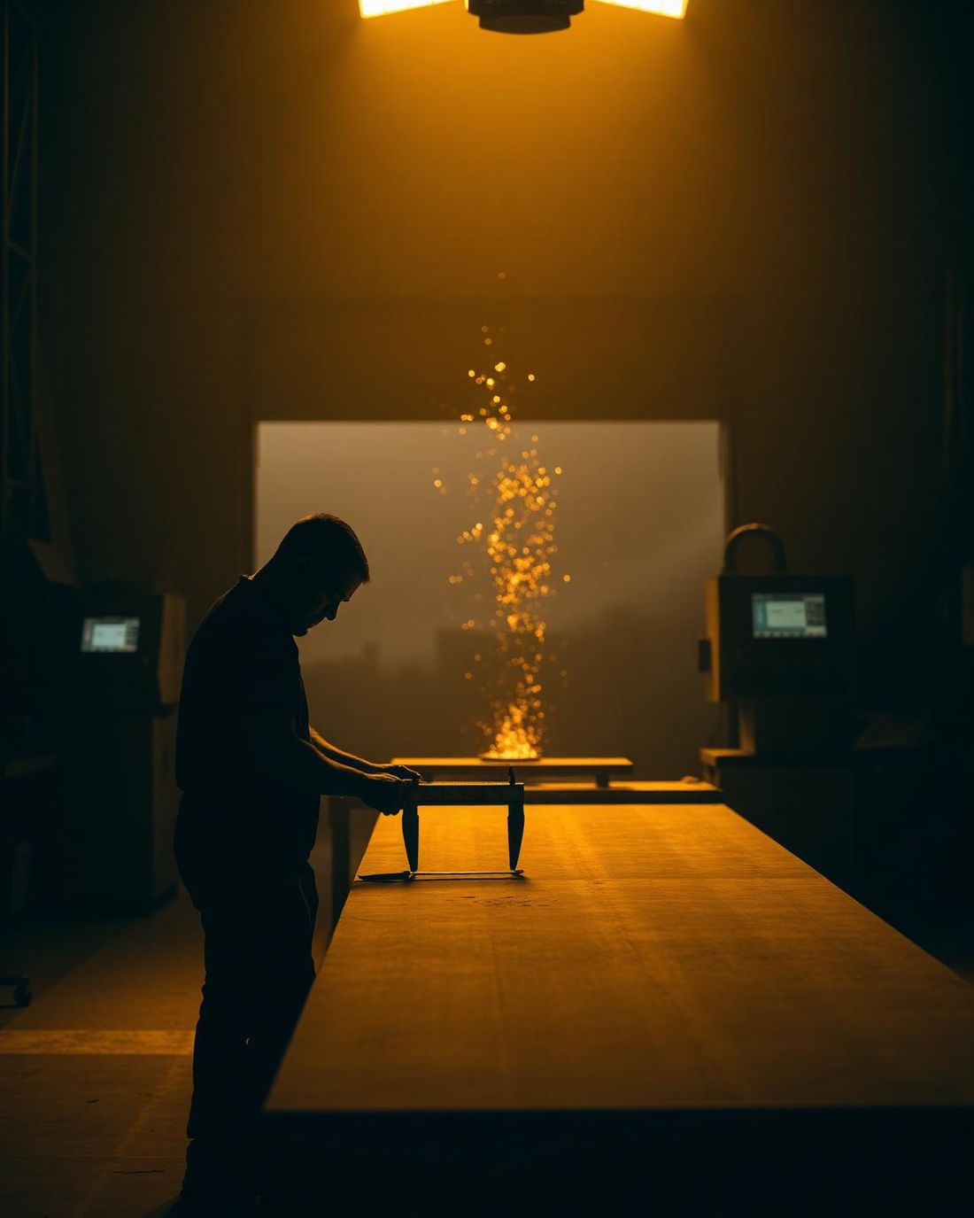 Artesão no corte CNC em contraluz